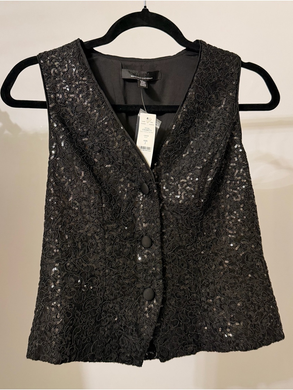 White House Black Market Black Sequin Lace V-Neck Vest